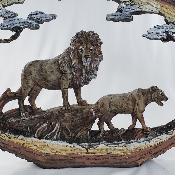 Lion Pride Faux Wood Bark Carved Resin Sculpture - Picture 5 of 6